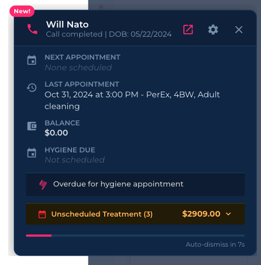 Kasper caller ID call popup for Open Dental showing patient name, next appointment, last appointment, balance, hygiene due date, unscheduled treatment value, and linked patients on incoming call